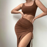 U-neck strapless slim slit long skirt