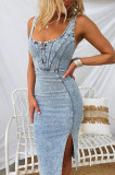 Short sleeved U-shaped camisole denim dress