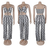 Printed strap hollow suspender wide leg pants two-piece set