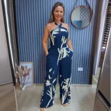 Printed hollow suspender wide leg jumpsuit
