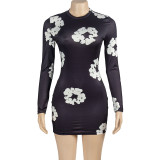 Round neck long sleeved floral print short high waisted dress