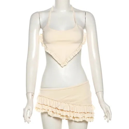 Three piece set of neck tie, irregular vest, short skirt