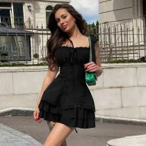 Tie up pleated waist ruffle edge dress