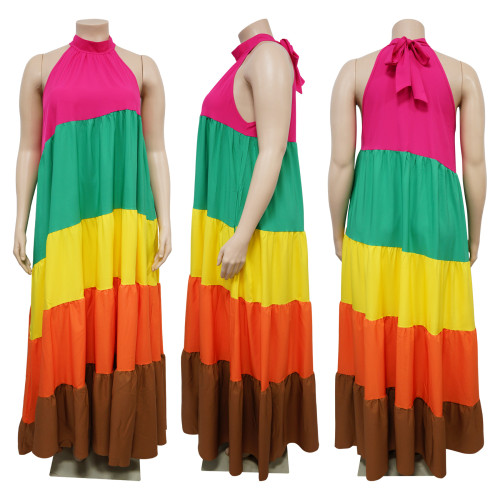 Large size women's spliced contrasting long hem dress