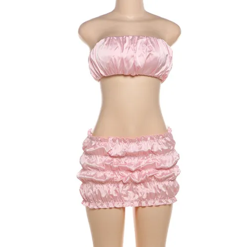 Short strapless top with pleats, hip hugging skirt, two-piece set
