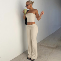 Solid color strapless top, flared pants set
