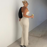 Solid color strapless top, flared pants set