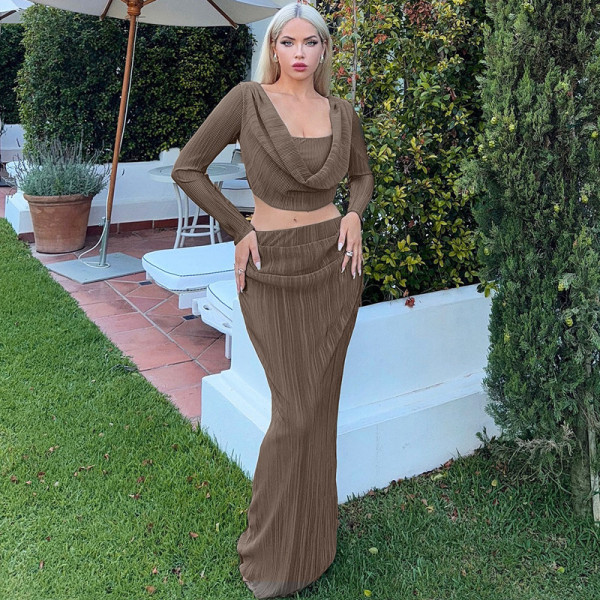 Long sleeved swing collar ribbed long skirt two-piece set