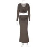 Long sleeved swing collar ribbed long skirt two-piece set