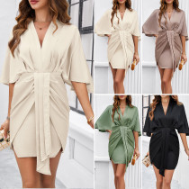 Elegant solid color waist bag hip dress