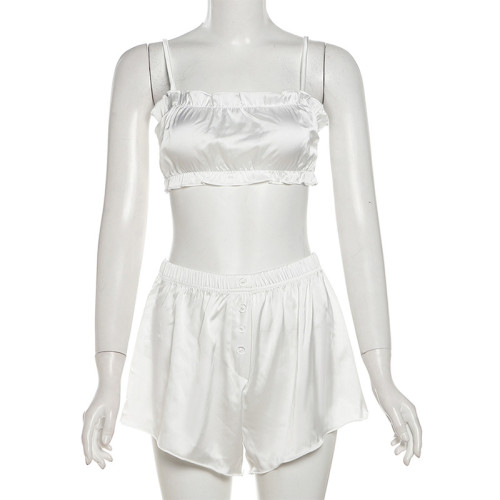 Strap top pajamas high waisted black fungus edge shorts set