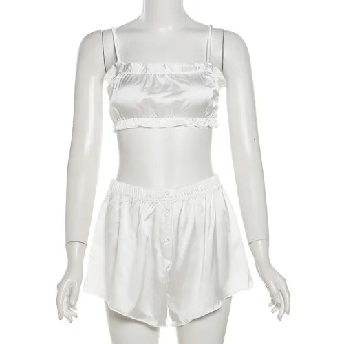 Strap top pajamas high waisted black fungus edge shorts set
