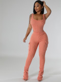 Elastic high waisted jumpsuit workwear pants set