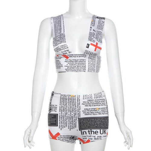 Newspaper printed vest and shorts set