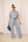 Short sleeved shirt collar top, long and wide leg pants set