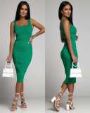Sleeveless U-neck dress with hip cinching strip