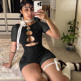 Round neck five quarter sleeve hollowed out one-piece knitted jumpsuit shorts