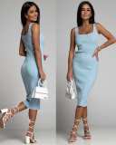 Sleeveless U-neck dress with hip cinching strip