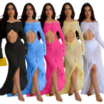 V-neck solid color perspective long sleeved dress