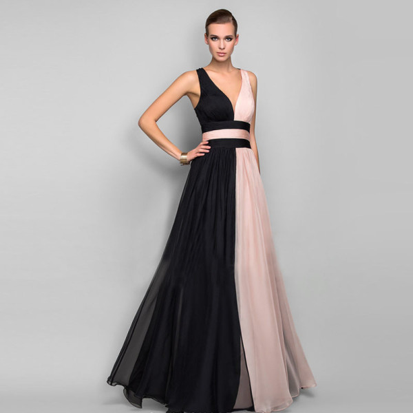 Chiffon contrasting evening gown sleeveless V-neck patchwork long dress