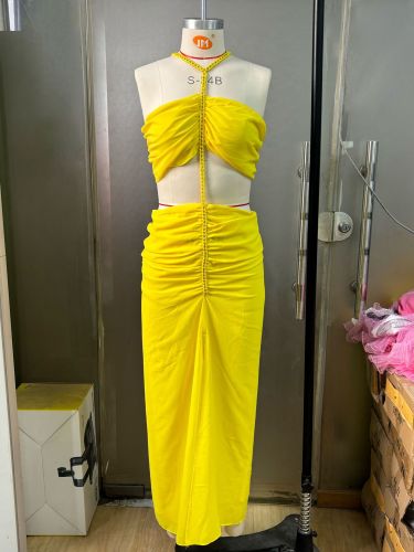 Low waist split chain neck chiffon long skirt