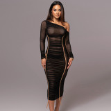 Women's long sleeved mesh spliced diagonal shoulder mid length skirt