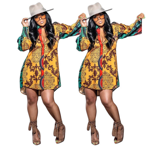 Printed long sleeved loose shirt skirt top