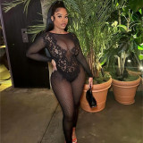 Round neck backless see through long sleeved one-piece knitted jumpsuit pants