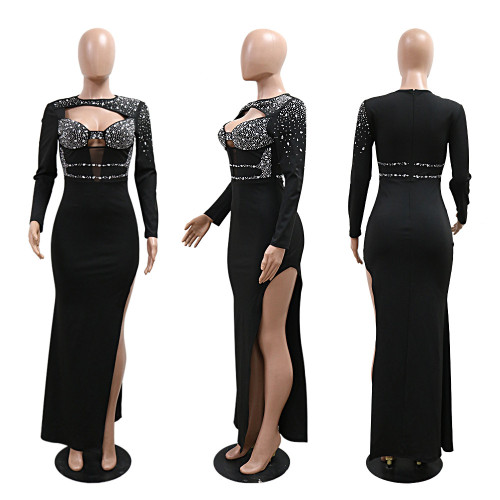 Round neck long sleeved rhinestone hollow high slit dress