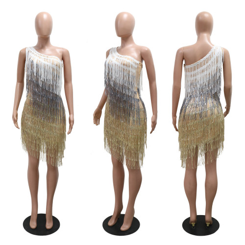 Slanted shoulder tassel patchwork irregular dress