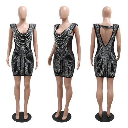 Deep V-neck sleeveless hip hugging rhinestone dress