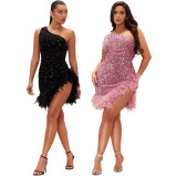 Slanted shoulder sequin feather dress