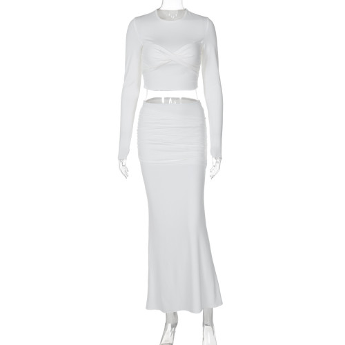 Long sleeved pleated long skirt two-piece set