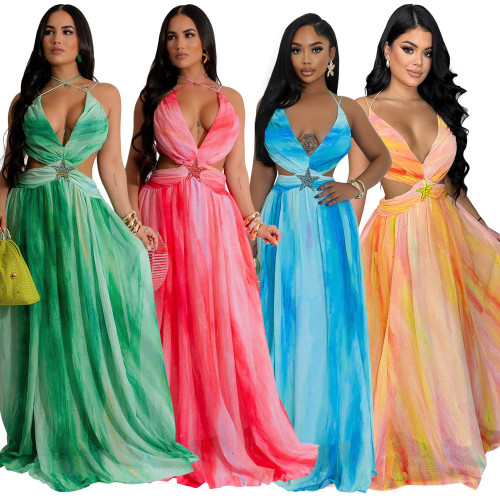 Lace up sleeveless V-neck printed large swing skirt