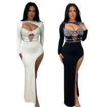 Round neck long sleeved rhinestone hollow high slit dress