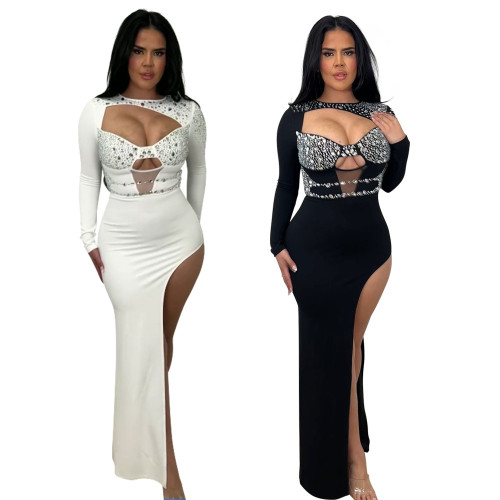 Round neck long sleeved rhinestone hollow high slit dress
