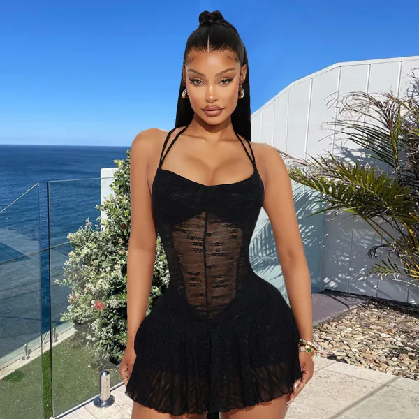 Lace up neck hanging backless see through dress