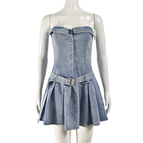 Pleated denim one shoulder dress