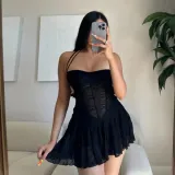 Lace up neck hanging backless see through dress