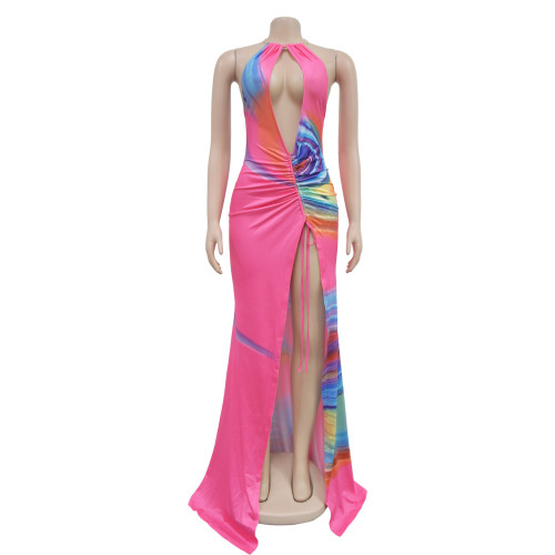 Women's printed V-neck sleeveless halter dress