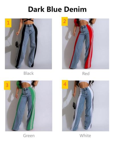 Splicing three striped wide leg denim pants