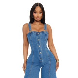 Strap denim jumpsuit wide leg pants