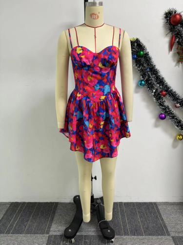 Printed camisole waist cinching dress