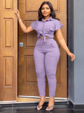 Flip collar cardigan with ruffle sleeves sports suit