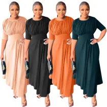 Round neck waist cinched irregular dress