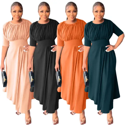 Round neck waist cinched irregular dress