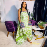 Strap printed large skirt dress