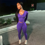 Sports long sleeved V-neck zipper tight pants set