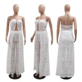 Tie up top paired with loose wide leg pants set