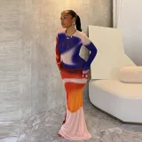 Printed contrasting round neck long sleeved hip hugging skirt